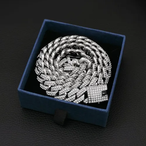Vista 5 de Cadena de eslabones cubanos para hombre, 0.51 pulgadas de ancho, plataoro, cadena cubana AAA+, diamantes de imitación, aleación de zinc, cadenas