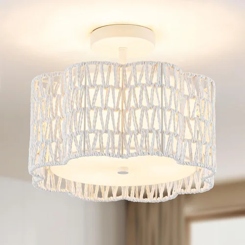 Vista 11 de ✿ Lámpara de Techo de Ratán Tejido a Mano de 13.8" con 3 Luces Montaje Empotrado Boho Negro para Dormitorio Pequeño y Guardería, Luz de Techo