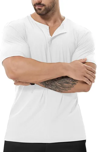 Vista 3 de Camisa Henley de ajuste seco para hombre, ropa de gimnasio, camiseta de entrenamiento de manga corta, camiseta atlética clásica y casual