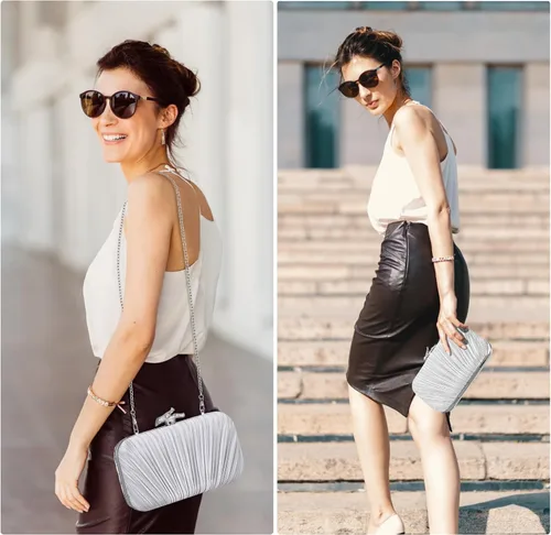 Vista 2 de Bolsos para mujer, bolso de noche, bolsos formales con pliegues para mujer con cadena para graduación, boda, fiesta de etiqueta negra