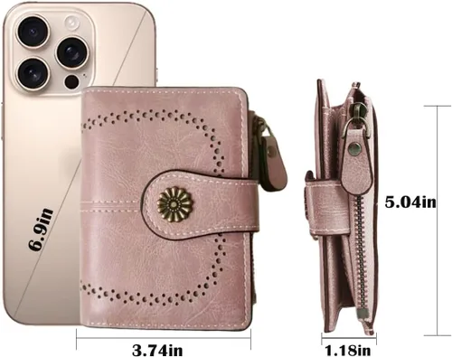 Vista 6 de Billetera para mujer, plegable, con bloqueo RFID, de cuero, tarjetero compacto con bolsillo para monedas con cremallera, Rosa, Cartera de cuero