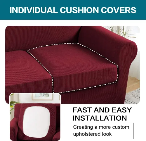 Vista 6 de Fundas de sofá de 4 piezas para sofá de 3 cojines individuales, paquete de 2 fundas para silla, color borgoña