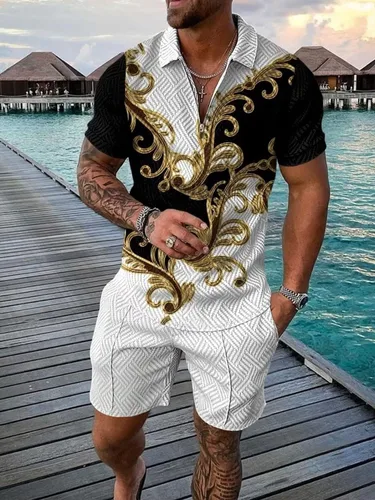 Vista 2 de Conjunto corto de 2 piezas para hombre, camiseta polo, conjunto casual de verano de manga corta y pantalones cortos para hombre