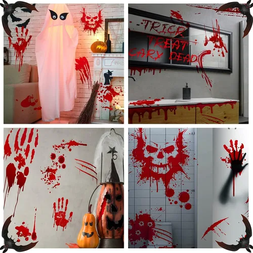 Vista 8 de MSQ 95 calcomanías de ventana sangrientas – Calcomanías extraíbles de huellas de mano para decoración de fiesta de Halloween, 9 hojas de calcomanías