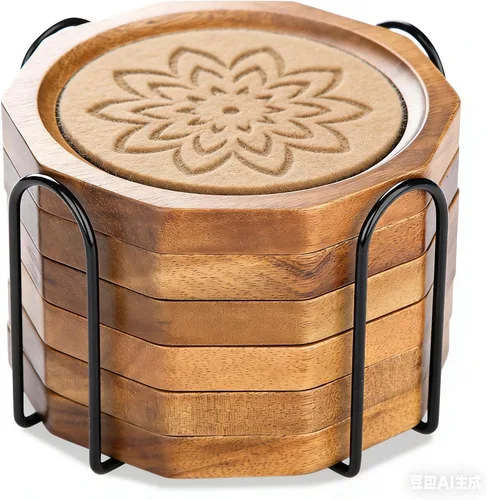 Vista 10 de Posavasos de Madera para Bebidas Absorbentes con Borde, 4.3 Pulgadas Posavasos Rústicos de Acacia Negra con Soporte de Feltro para Mesa de Café