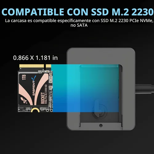 Vista 5 de SABRENT Carcasa USB-C para SSD PCIe NVMe M.2 2230, velocidad de transferencia de 10 Gbps, soporte UASP y Trim, compatible con Windows, macOS, Linux