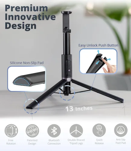 Vista 3 de KraftGeek Trípode para teléfono Selfie Stick de 62 pulgadas, soporte para teléfono celular iPhone y Android, control remoto inalámbrico, soporte