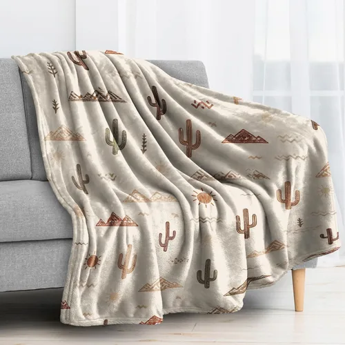 Vista 3 de Manta de vellón de cactus del desierto, color beige del suroeste para sofá, cama, sofá, mantas y mantas rústicas con patrón occidental, manta