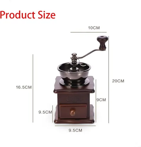 Vista 7 de Molinillo de café manual de madera, estilo vintage, molinillo de café de mano, molinillo de café con manivela de cerámica, cepillo de limpieza Marrón
