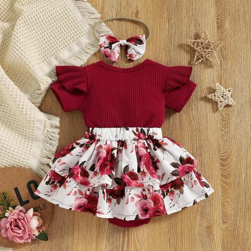 Vista 3 de Conjunto de vestido de mameluco para niñas con letras florales, estampado de mamá, con volantes, ropa corta, diadema