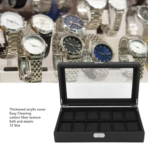 Vista 2 de Gabinetes y estuches con textura de fibra de carbono, cubierta acrílica gruesa para reloj, caja de almacenamiento de reloj, 12 ranuras, organizador