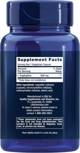 Vista 2 de Life Extension L-Tryptophan, 500 mg, Encourages Healthy Serotonin Levels and Promotes Healthy Sleep, Mood, Stress Response & Satiety, Gluten-Free