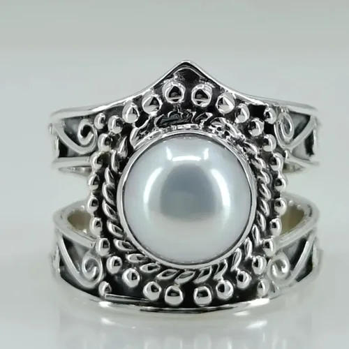 Vista 7 de Navya Craft Anillo de perlas, anillo de promesa de plata de ley 925 para mujer, perla de agua dulce natural, piedras preciosas redondas hechas a