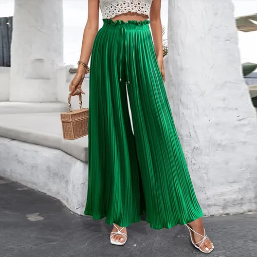 Vista 2 de XINSHIDE Pantalones plisados para mujer pantalones palazzo de pierna ancha pantalones largos de verano casuales con cordón y cintura alta