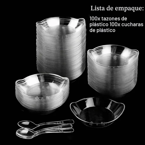 Vista 7 de TOFLEN Mini platos de postre de 100 unidades con cucharas de degustación, 3-1/8 x 2-5/8 pulgadas, pequeños platos de plástico transparente