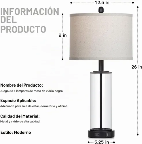 Vista 7 de Juego de 2 lámparas de mesa de cristal negro de 26 pulgadas, lámpara de sala de estar con control táctil regulable de 3 vías con puertos USB C+A
