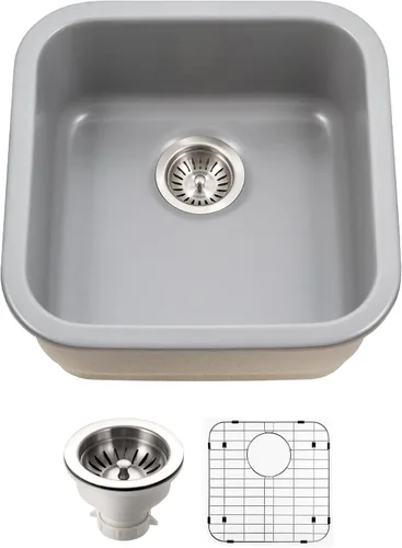 Vista 10 de Houzer Platus Fregadero de cocina de arcilla refractaria blanca: fregadero cuadrado de 19 pulgadas con colador y rejilla, duradero y versátil, Blanco