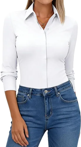Vista 3 de Aoudery Button Down Shirts for Women Slim Fit Long Sleeve Stretch Dress Shirts Work Shirt Wrinkle Free