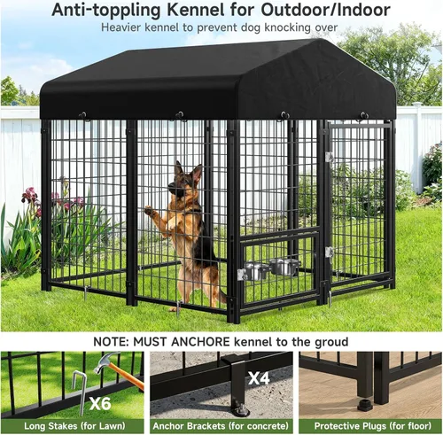 Vista 3 de Perrera para Perros al Aire Libre, Perrera para Perros con Techo y Comederos Giratorios/Puerta para Perros Desmontable Permite Conectar Su Casa