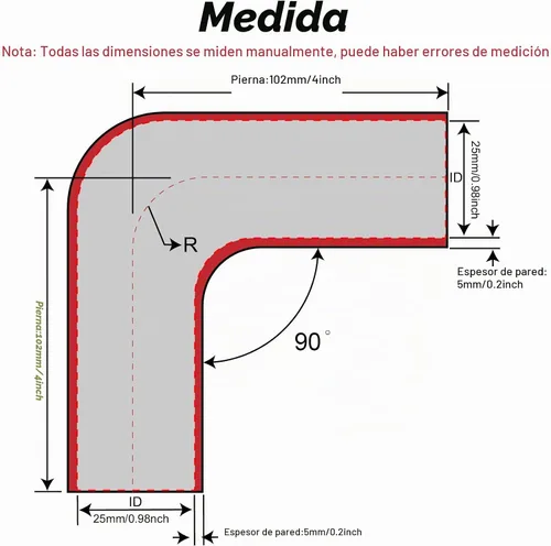 Vista 2 de 90 Grados ID 1 Pulgada (25mm) Manguera de Acoplador Reductor de Silicona Negra, 4 Capas Reforzadas, Longitud de Pata 4 Pulgadas (102mm) con 2