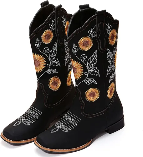 Vista 2 de Botas vaqueras bordadas con girasol para mujer, botas vaqueras con punta cuadrada, botas altas de vaquera para todas las estaciones y ocasiones