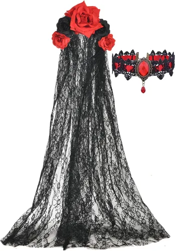 Vista 6 de Merroyal Diadema para mujer, diseño de flor de rosa del Día de los Muertos para Halloween Rojo Rosa Negro Velo