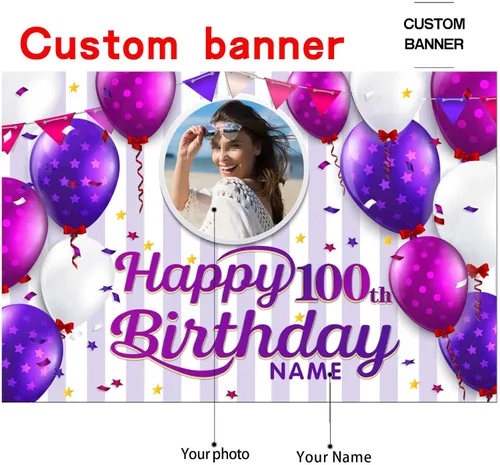 Vista 2 de Cartel decorativo personalizado de feliz cumpleaños número 100, personalización disponible, morado, tamaño grande - Fotos y nombres personalizados