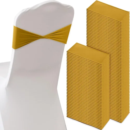 Vista 9 de Frienda 120 cintas elásticas de elastano para silla, bandas elásticas para fundas de silla, lazos sin hebilla para bodas, recepciones, eventos, Oro