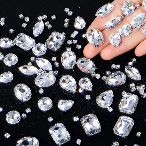 Vista 19 de WILLBOND 156 piezas de diamantes de imitación para coser con garra, diamantes de imitación de cristal con base plana, gemas con engaste de metal