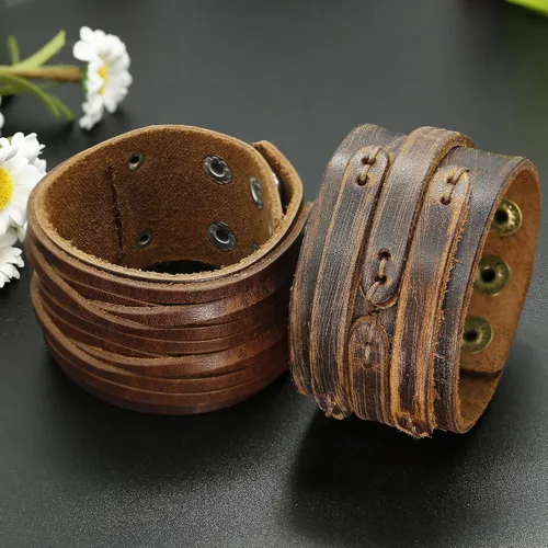 Vista 2 de THUNARAZ 2PCS Leather Cuff Bracelet Wrap Wristband Button Bangle for Men Women Adjustable Wide Brown Belt Punk Bracelet