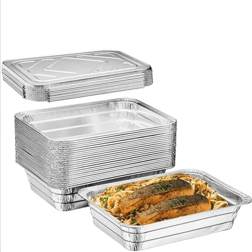 Vista 3 de Rectangular Aluminum Lid for 5 LB Aluminum Oblong Pan Foil Laminated Underside for Heat Retention Disposable Flat Covers for Catering Takeout