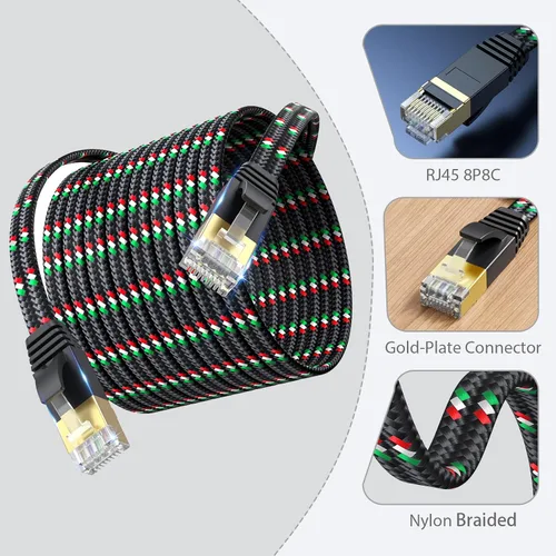 Vista 5 de SNANSHI Cable Ethernet corto, cable Ethernet plano Cat 7 de 3 pies de nailon trenzado, cable LAN para módem, router, red LAN, PlayStation, Xbox