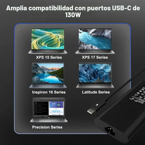 Vista 3 de Cargador portátil USB C de 130 W para Dell XPS 15 17 Cable de alimentación Negro
