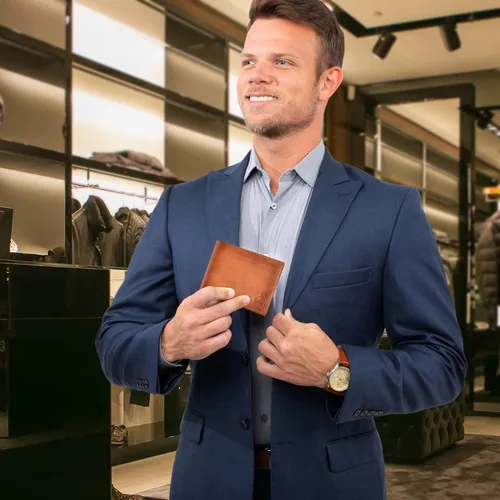 Vista 6 de Carteras plegables con bloqueo RFID para hombres con 2 ventanas de identificación cartera de cuero de grano completo de gran capacidad Marrón Rustic