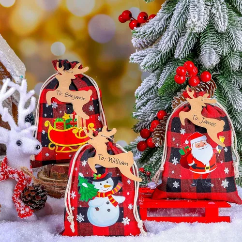 Vista 4 de Shappy 48 bolsas de Navidad con cordón, bolsas de arpillera a cuadros Buffalo de Navidad, bolsas de lino para golosinas, sacos para regalos