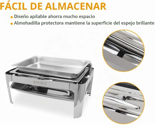 Vista 7 de ROVSUN - Juego de 3 platos de bufé con tapa enrollable, 9 cuartos de galón de acero inoxidable rectangular para catering, servidores de bufé