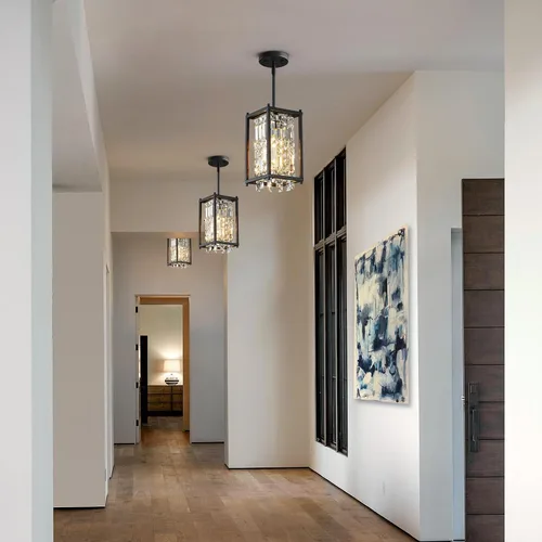 Vista 5 de LMQNINE Modernas lámparas colgantes negras para isla de cocina, lámpara de araña de cristal, iluminación colgante ajustable de granja para comedor