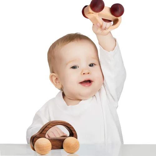 Vista 2 de Coche de empuje orgánico para bebés, juguetes de madera, 2 piezas, automóvil de madera y desarrollo de movimientos finos y juguetes Montessori