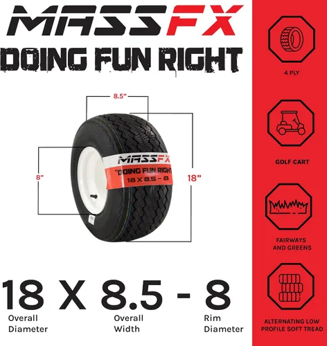 Vista 2 de MASSFX - Llanta para carrito de golf (18x8.5-8, con borde blanco MASSFX 8 x 7 4/4 Rim, paquete de 2).