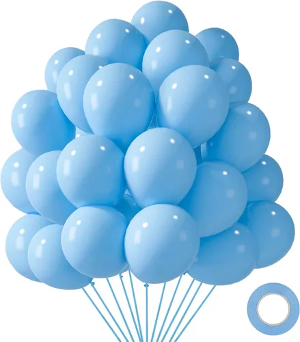 Vista 15 de LovesTown 110 globos de látex de 12 pulgadas con cinta para decoración de cumpleaños, baby shower, boda, fiesta, color azul (paquete de 2)