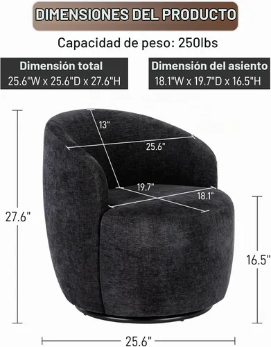 Vista 2 de Wrofly Juego de 2 sillas giratorias de barril de 360 grados, silla decorativa giratoria Boucle de 360 grados, sillón redondo tapizado de chenilla