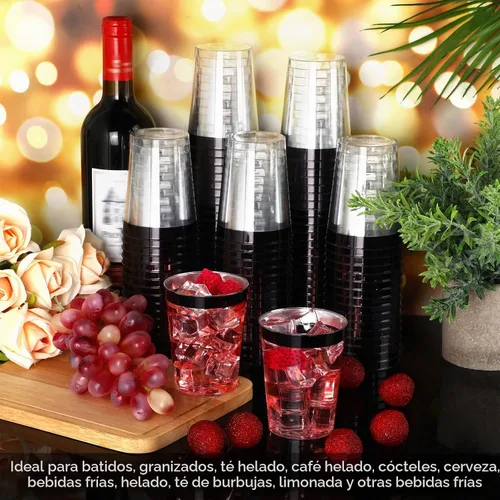 Vista 7 de Gerrii 100 Piezas Vasos de Plástico de 10oz Desechables con Borde Elegante y Sofisticado, Vasos Transparentes Elegantes para Beber para Boda Negro