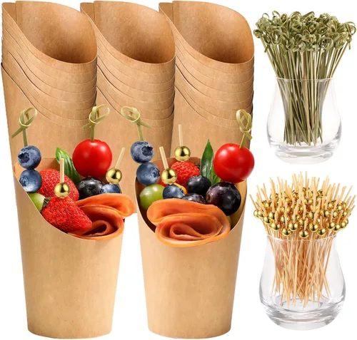 Vista 9 de 50 Tazas de Charcutería con Brochetas, Tazas de Papel de 12 Oz para Aperitivos con Palillos de Cóctel, Soporte para Papas Fritas Kraft Marrón, Conos