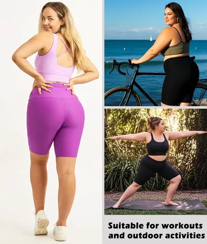 Vista 4 de NEW YOUNG Paquete de 3 pantalones cortos de ciclismo de talla grande con bolsillos para mujer, pantalones cortos de entrenamiento de cintura alta