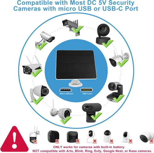 Vista 2 de Panel solar para cámara de seguridad, panel solar USB de 6 W para cámaras DC 5 V, cargador de panel solar de cámara micro USB y USB-C, cargador
