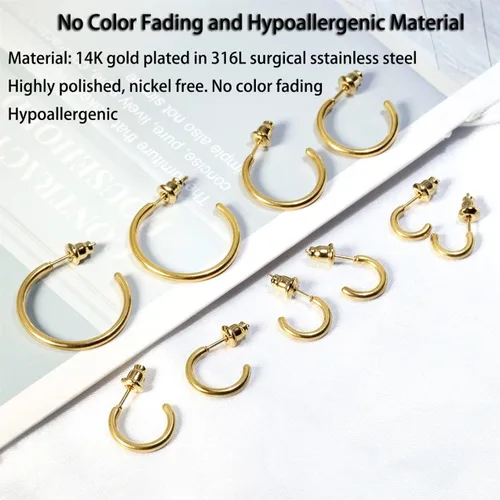 Vista 7 de Aretes de aro ligeros y pequeños de oro para mujer, aretes de aro abiertos de oro de 14 quilates, hipoalergénicos, pequeños aretes de aro en oro