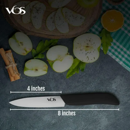 Vista 5 de Vos Cuchillo de pelar de cerámica - Hoja de circonia de 4 pulgadas con funda protectora - Cuchillo de cocina para frutas y verduras (Negro)