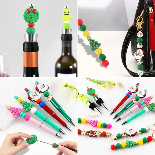 Vista 3 de Sunrony 20 cuentas focales de silicona para hacer llaveros, cuentas de silicona focales de personajes navideños a granel para bolígrafos, pulseras