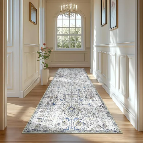 Vista 290 de jinchan Lima - Alfombra simétrica floral geométrica lavable, alfombra de entrada de medio círculo de 2 x 3, alfombra de media luna, suave y Azul