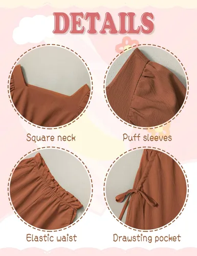 Vista 9 de BAVADER Conjunto de ropa para niña, 2 piezas, con cuello cuadrado, manga abombada, pantalones cortos con bolsillo con cordón para verano